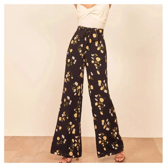 REFORMATION Piazza Black Floral Print Belted Wide Leg Palazzo Culotte Pant - Picture 2 of 13